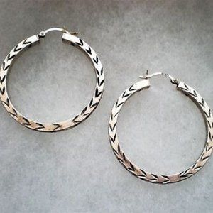 Vintage Designer HAN HUGE Solid Sterling Silver 925 Wheat Etched Hoop Earrings